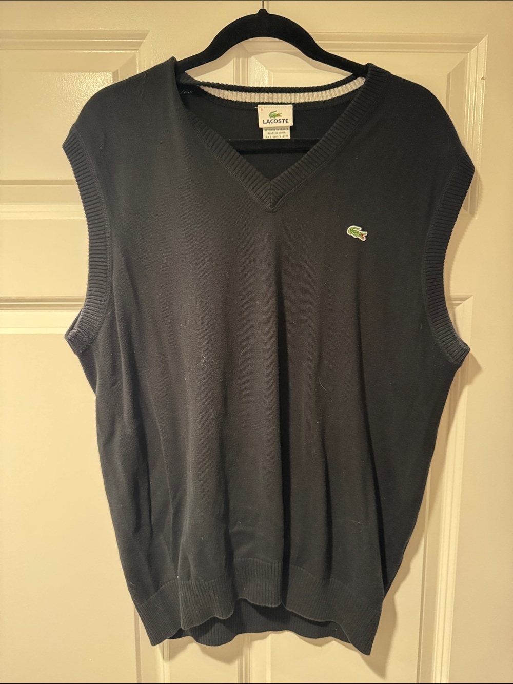 Lacoste Black V-Neck Knit Sweater Vest with Green Crocodile Logo